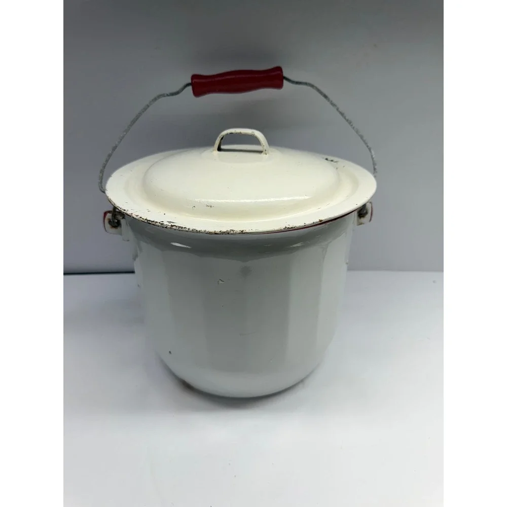 Vintage White Enamelware Lidded Pot Red Trim Wooden Handle Farmhouse Bucket